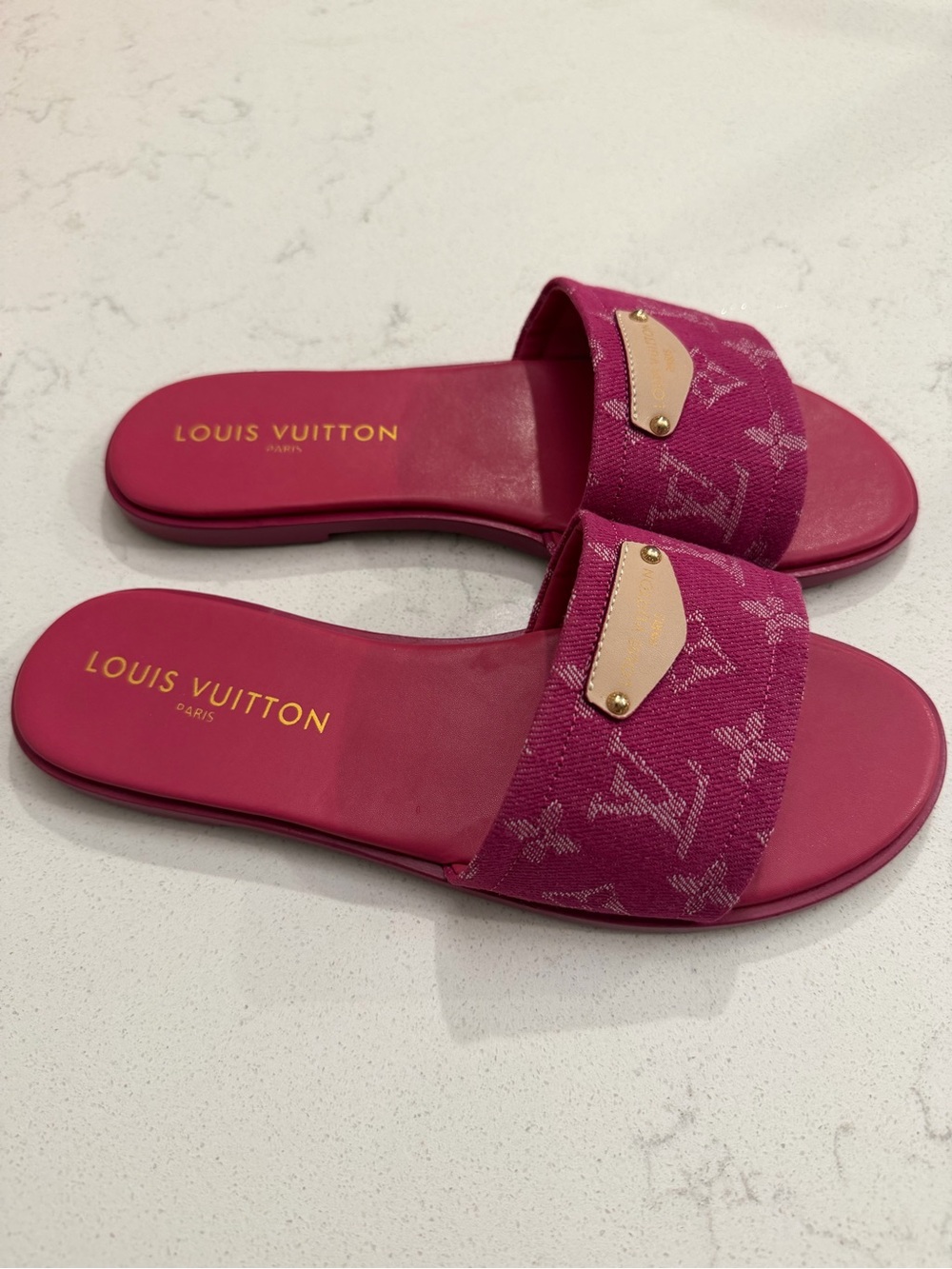 Louis Vuitton Fuchsia Monogram Slide Sandals with Gold Plaque